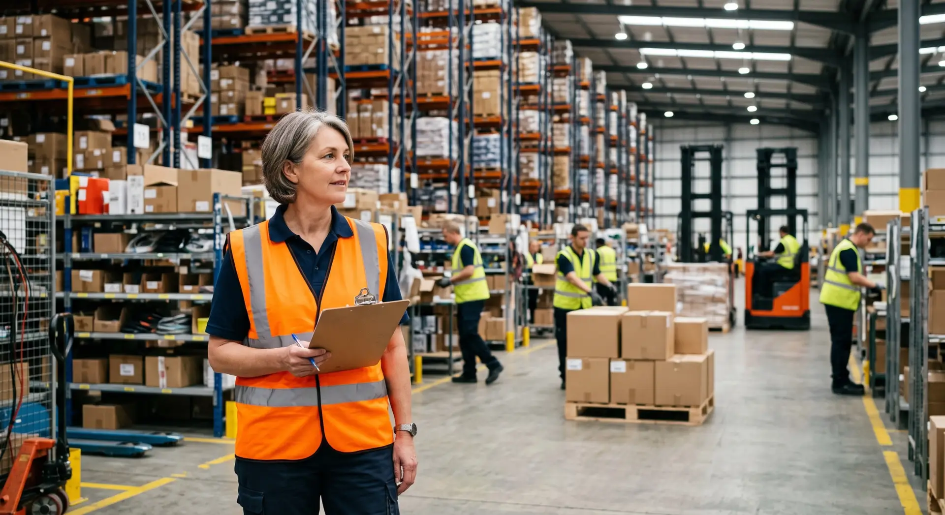 Warehouse operations manager | clarus wms A woman wearing a high-vis vest and holding a clipboard stands in a busy warehouse, looking off to the side, with tall racks of boxes and other workers in the background.